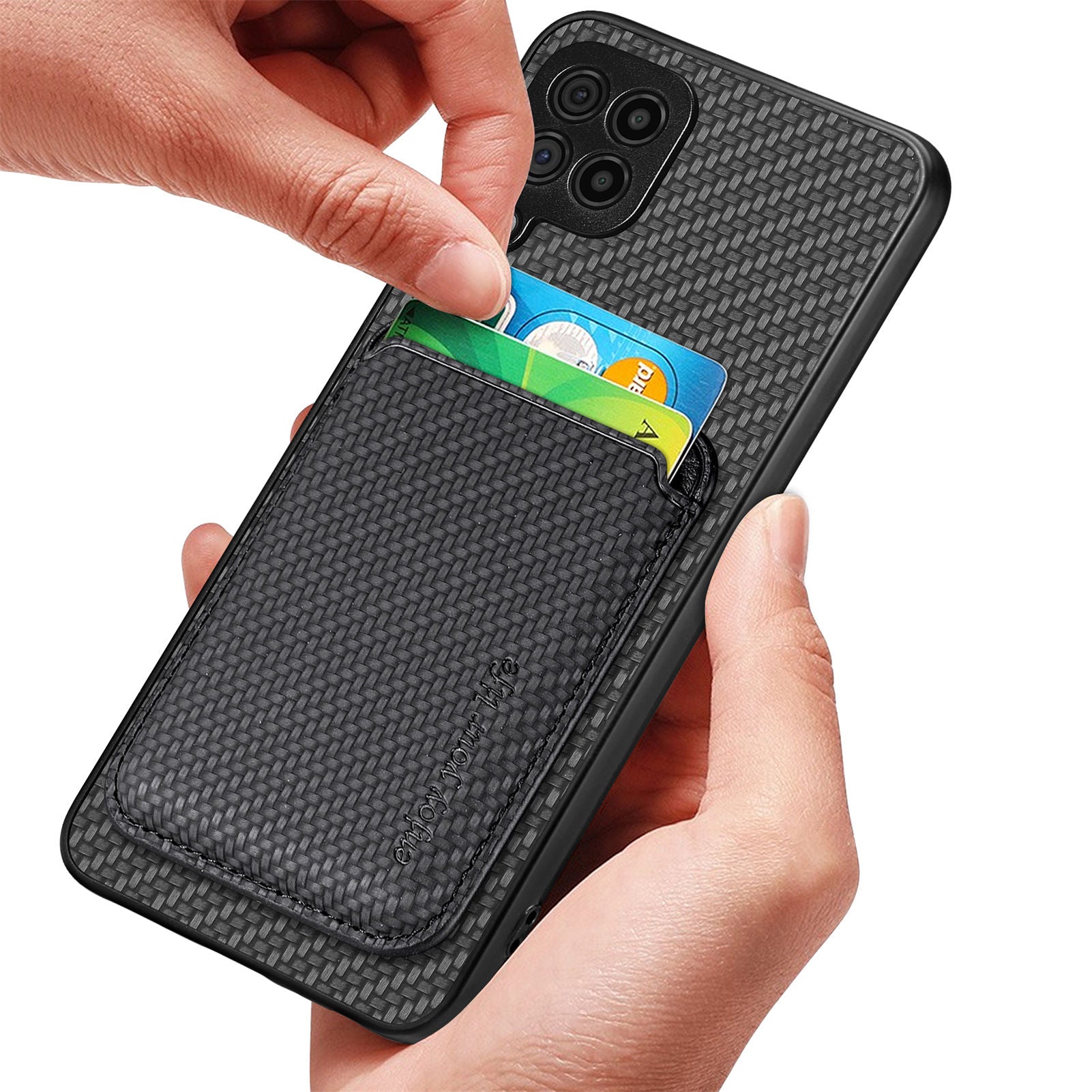 For Samsung Galaxy A22 4G (EU Version) / M32 (Global Version) 4G Anti-collision Detachable 2-in-1 Magnetic Card Holder Phone Case Carbon Fiber Texture PU Leather TPU PC Protective Cover For Samsung Galaxy A22 4G (EU Version) / M32 (Global Version) 4G Anti-collision Detachable 2-in-1 Magnetic Card Holder Phone Case Carbon Fiber Texture PU Leather TPU PC Protective Cover